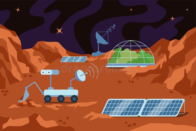 Red planet colonization human space base. Science station on Mars landscape and dome building, mountains and stars in vector illustration