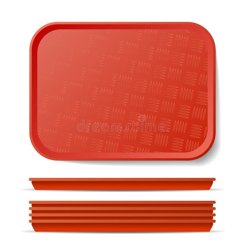 Red Plastic Tray Salver Vector. Classic Rectangular Red Plastic Tray, Plate With Handles. Top View. Restaurant, Fast