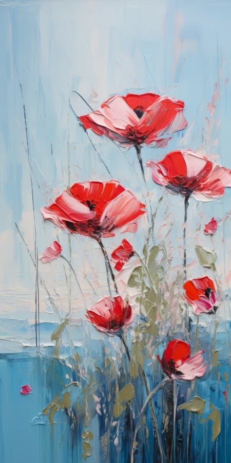 Minimalistic Landscape Painting: Red Poppies In Water