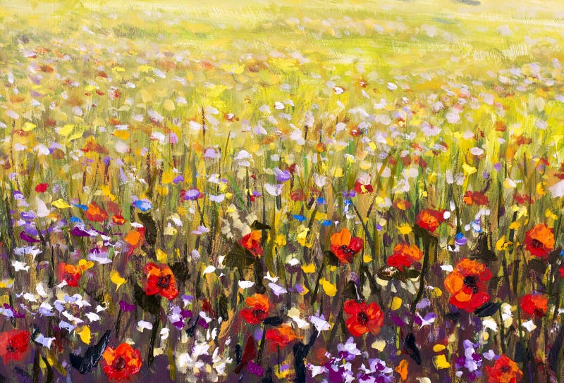 Red poppies flower field oil painting, yellow, purple and white flowers artwork