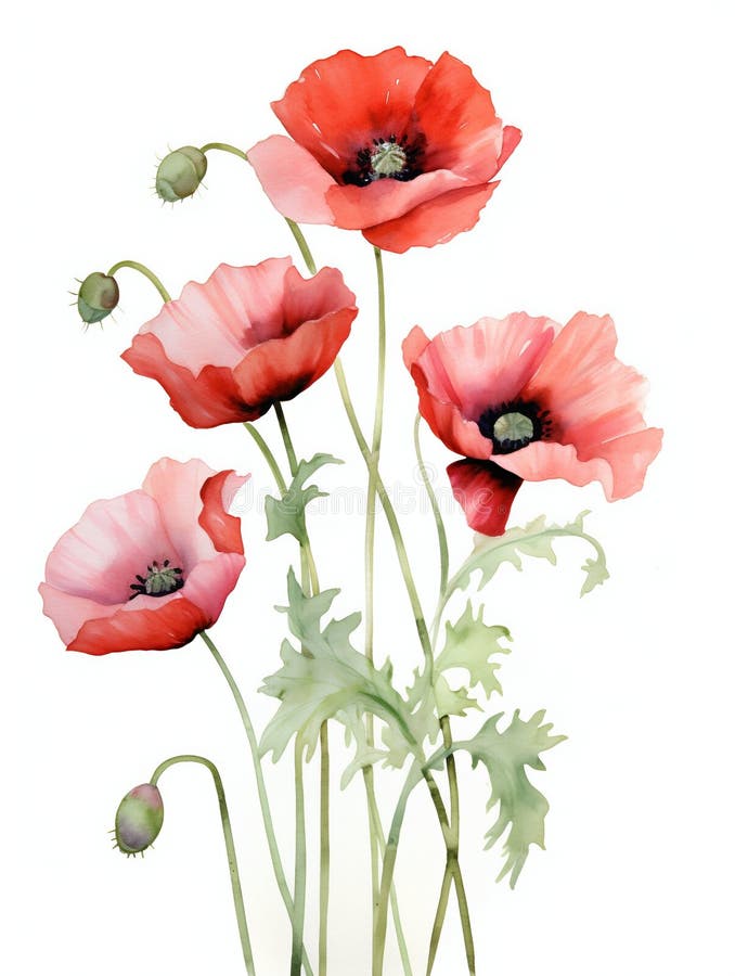 Red poppy flowers. Beautiful composition for greeting cards, invitations and floral design. Watercolor illustration stock illustration