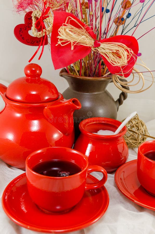 Red porcelain tea set stock photo. Image of bone, restaurant 70440378