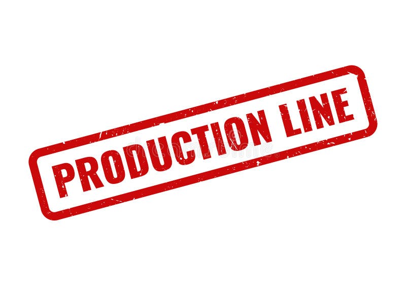 A bold red rectangular grungy rubber stamp with the text "PRODUCTION LINE" on a clean white background, signifying manufacturing processes. Rubber production line vectors