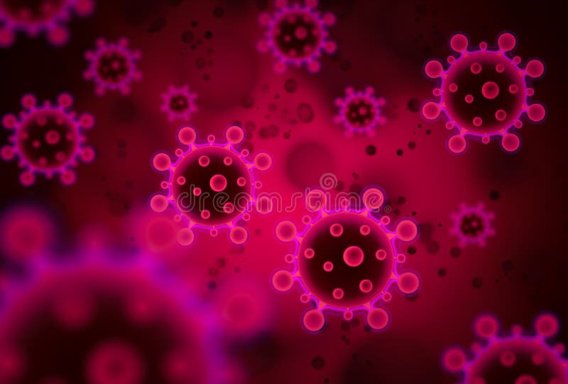 Red and purple coronavirus disease COVID-19 infection medical illustration.China pathogen respiratory influenza covid virus cells. in dark red background