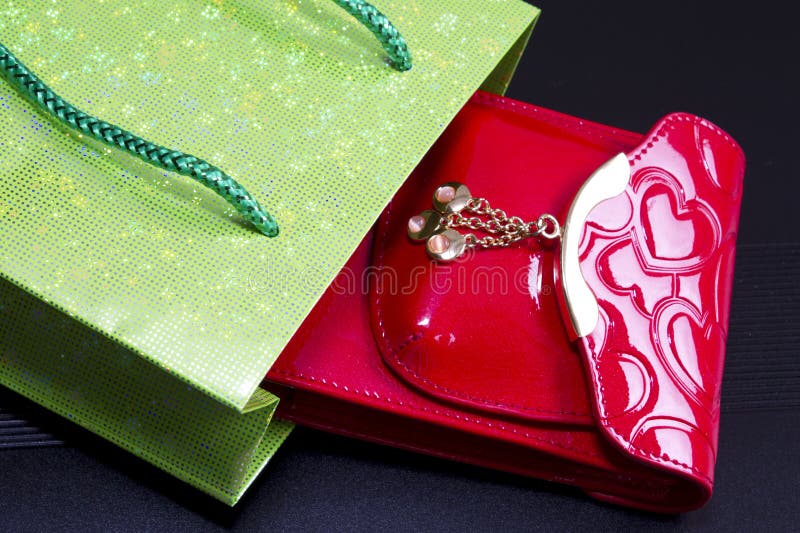Red Purse , Green Bag on Black Stock Image Image of fashion, black
