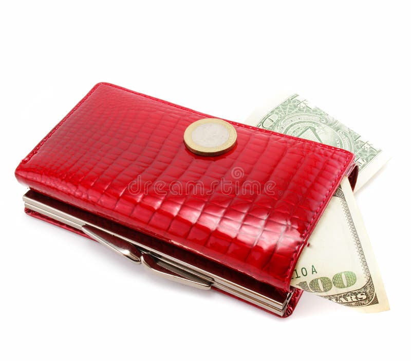 Red purse isolated with money on a white background. Red purse isolated with money on a white background