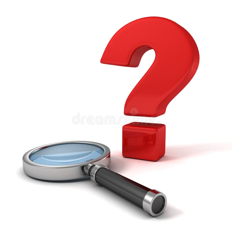 Red question mark and concept magnifier glass stock illustration