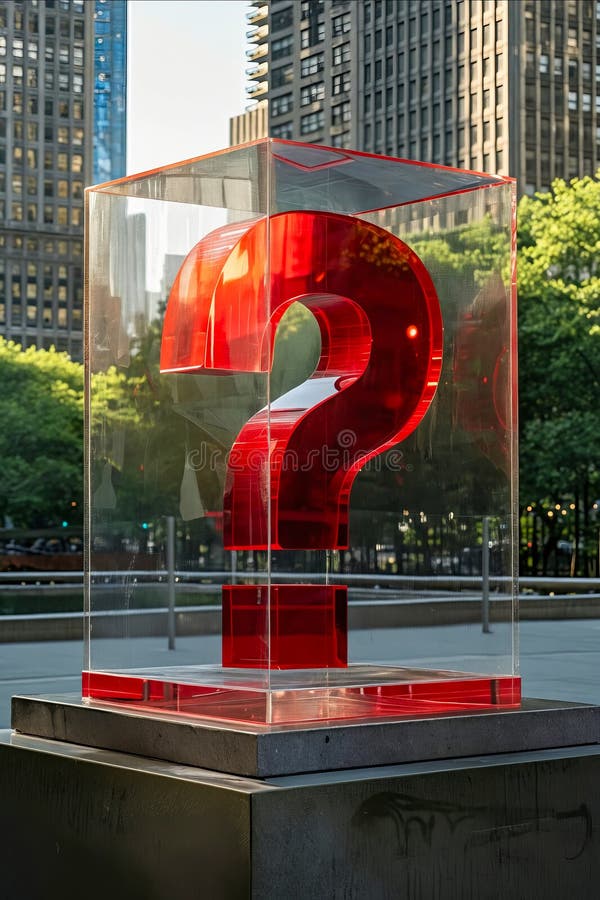 A red question mark is inside a clear box. Generative AI royalty free stock photography
