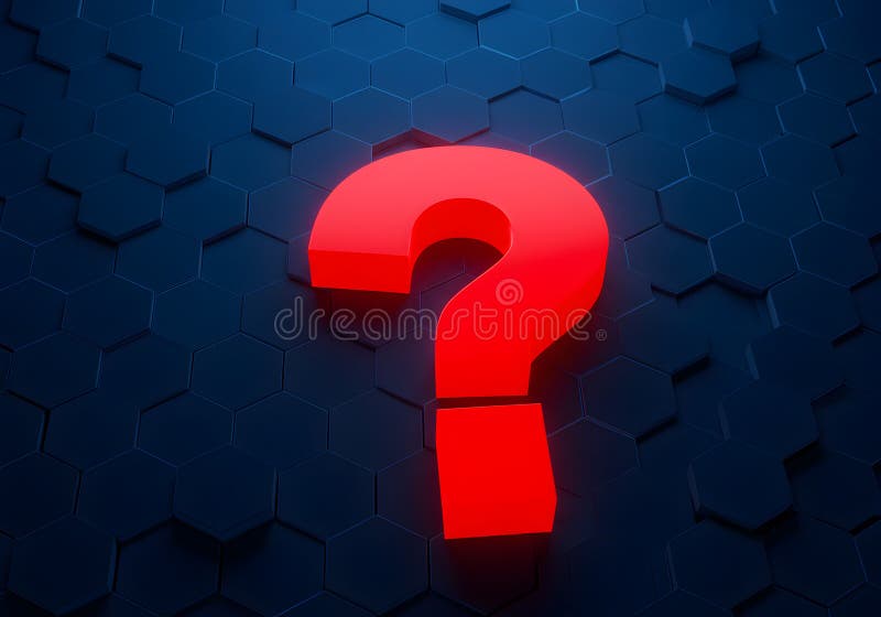 Question mark symbol red color on blue hexagon background concept of doubt and uncertainty render illustration royalty free illustration