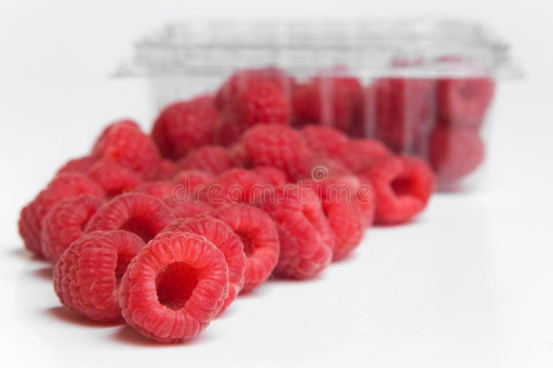 Fresh, red raspberries in plastic fruit container. Fresh, red raspberries in plastic fruit container