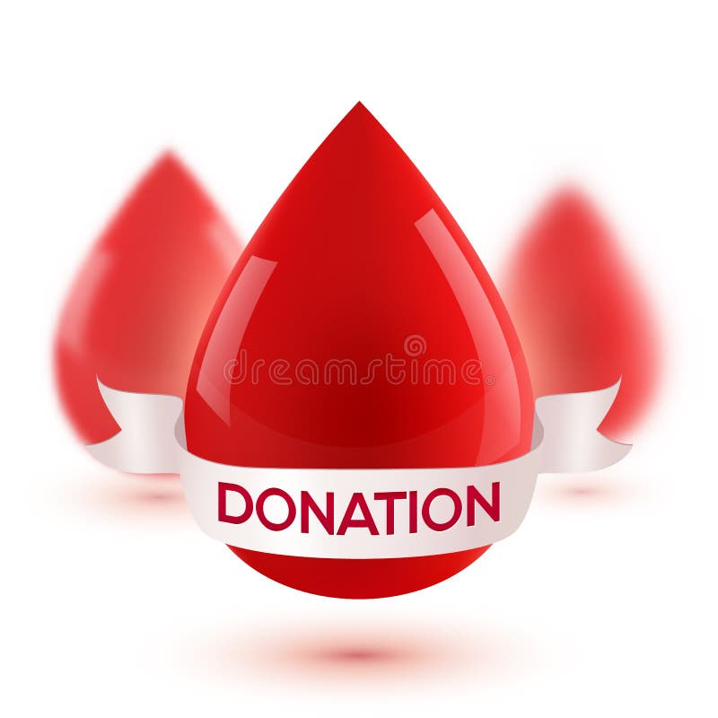 Red realistic blood drops with white ribbon and donation sign royalty free illustration