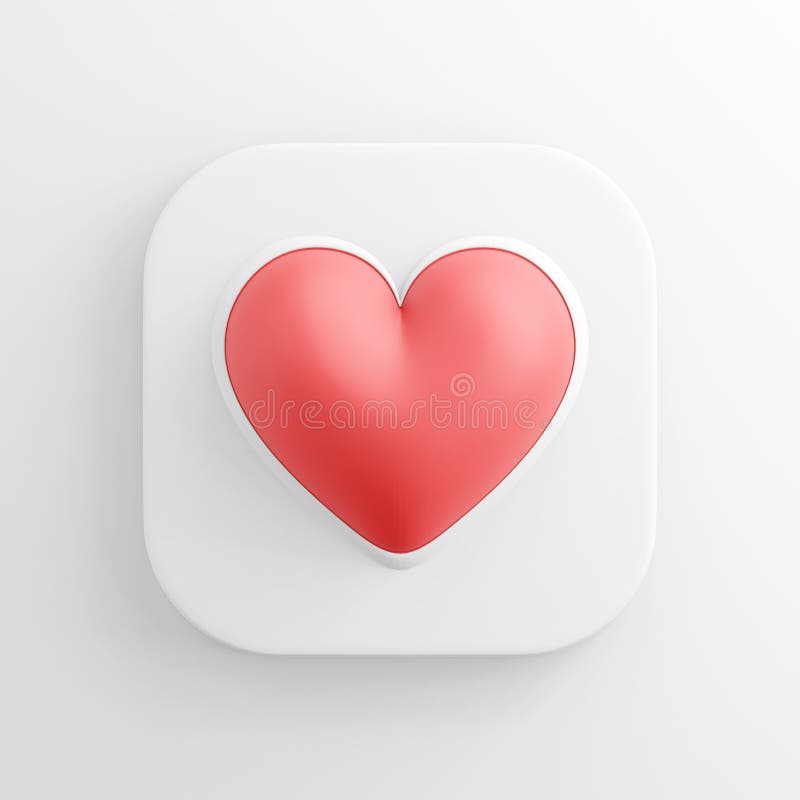 Red realistic heart icon, square white button. 3d rendering stock illustration