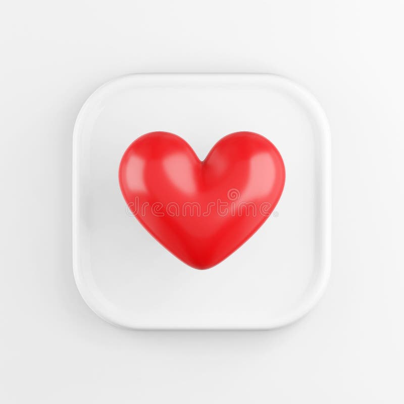 Red realistic heart icon, white square button. 3D rendering