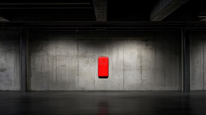 The image depicts a large, empty concrete room with a single red rectangular object mounted on the wall. The red object is positioned centrally and stands out against the gray concrete wall. The room is devoid of any other objects or people, creating a sense of solitude. The concrete walls and floor are devoid of any human presence, and the ceiling is also devoid of any objects. The room is illuminated by a single light source, casting a shadow on the wall and floor, adding depth to the scene. Large rectangular light source stock images, royalty-free photos and pictures