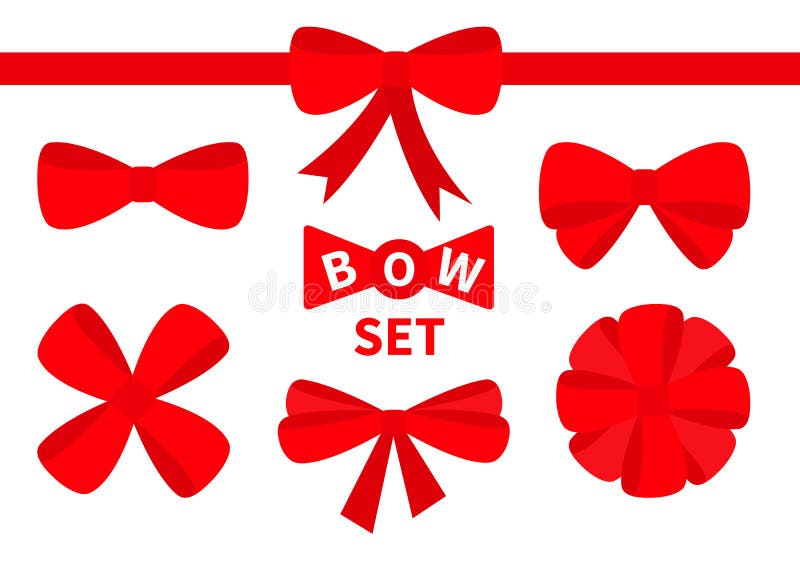 Red ribbon Christmas bow Big icon set. Decoration element for giftbox present. White background. Isolated. Flat design.