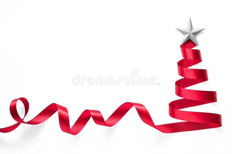 Red ribbon Christmas tree made of satin bow scroll with silver star isolated on white background with clipping path for xmas. Red ribbon Christmas tree made of royalty free stock photos Red ribbon Christmas tree made of satin bow scroll with silver star isolated on white background with clipping path for xmas. Red ribbon Christmas tree made of royalty free stock photos