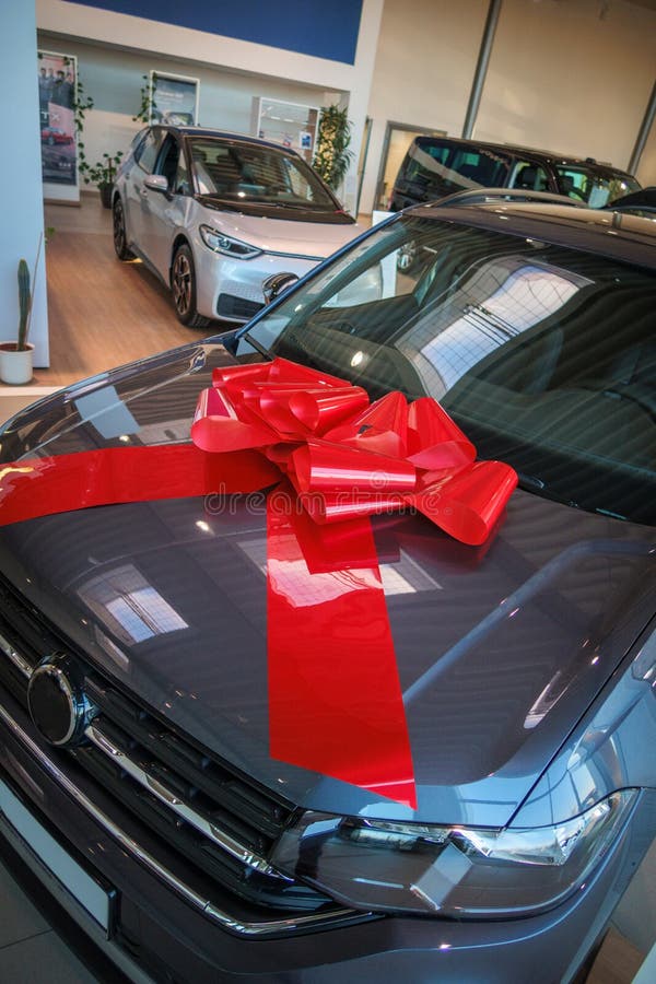 A Red Ribbon is on the Hood of a New Car Stock Image Image of