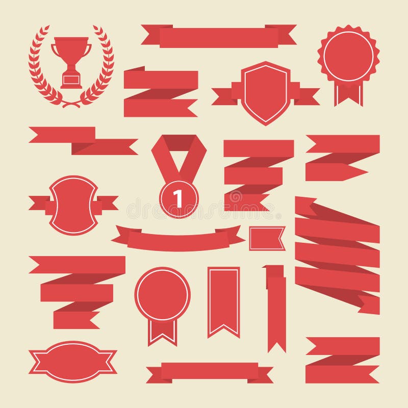 Red Ribbons,medal,award ,cup Set.Vector.Banner  Stock Vector