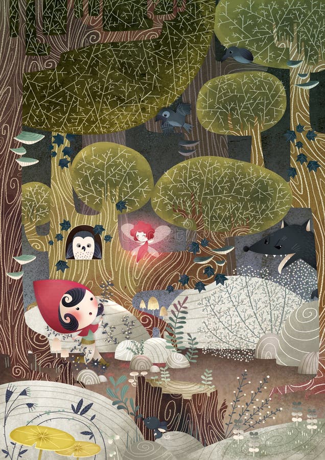 Red Riding Hood and Wolf Fairytale Woodland Stock Illustration ...