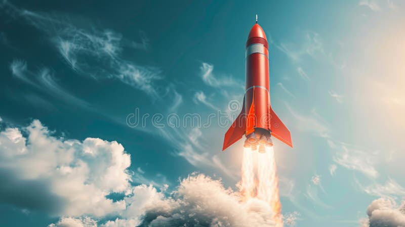 Red Rocket Launching into Sky with Clouds in Background. Symbol of ...