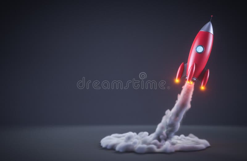 Red rocket take-off with smoke in a dark background stock illustration