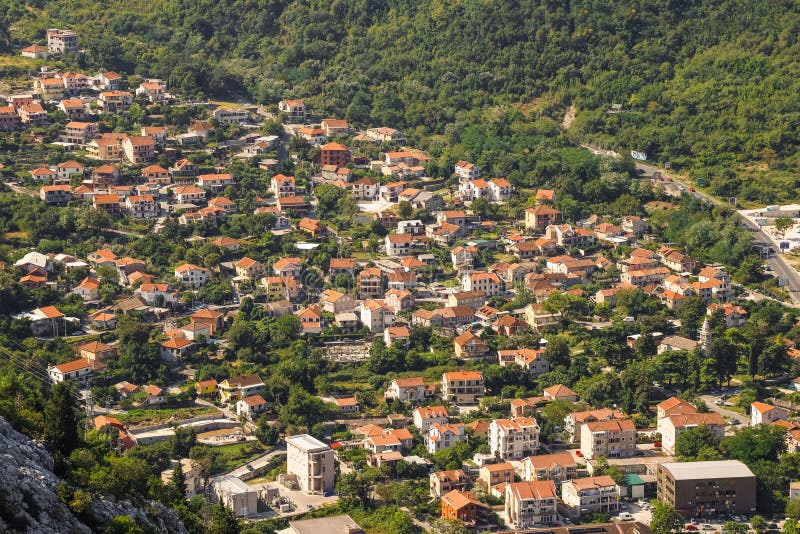 Red roofs of houses and buildings, village near Kotor in Montenegro, aerial view royalty free stock image Red roofs of houses and buildings, village near Kotor in Montenegro, aerial view royalty free stock image