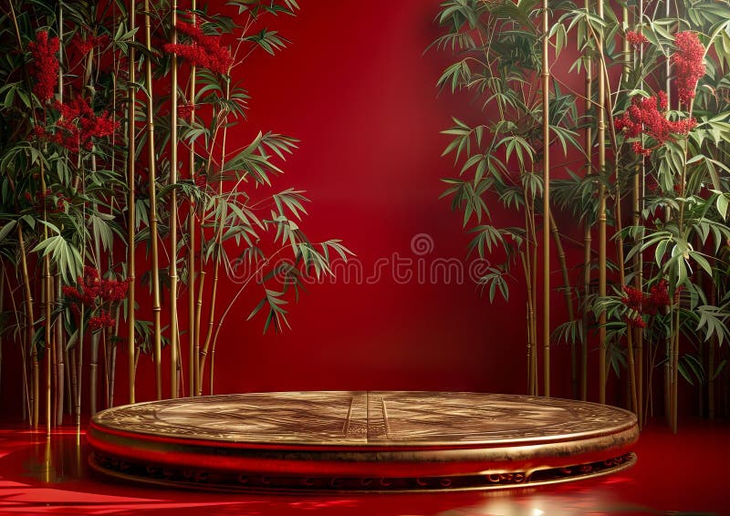 A red room with bamboo trees and a round table stock image