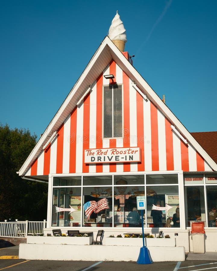 Travel photograph of red Rooster Drive-In vintage facade and sign Brewster New York. Travel photograph of red Rooster Drive-In vintage facade and sign Brewster New York