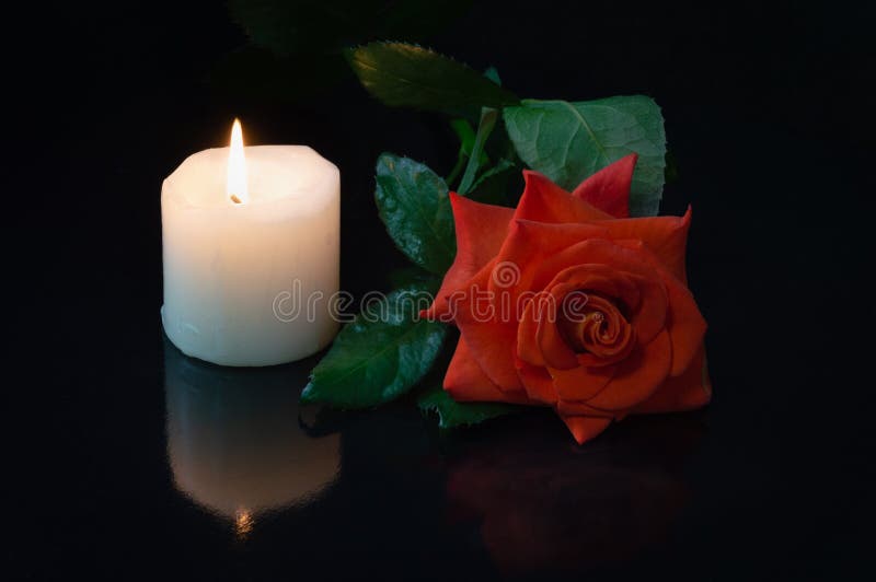 Red Rose and Burning Candle Over Black Background Stock Image Image