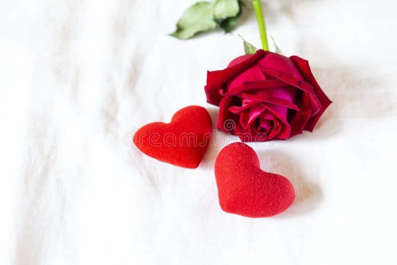 Red Rose with Two Red Heart on White Bed Sheet Stock Image - Image of love,  flowerrose: 163973157