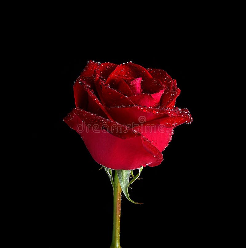 Red rose with water drops on black background