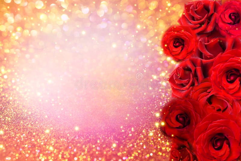 Red roses flower border on soft gold glitter background for valentine or invitation wedding card