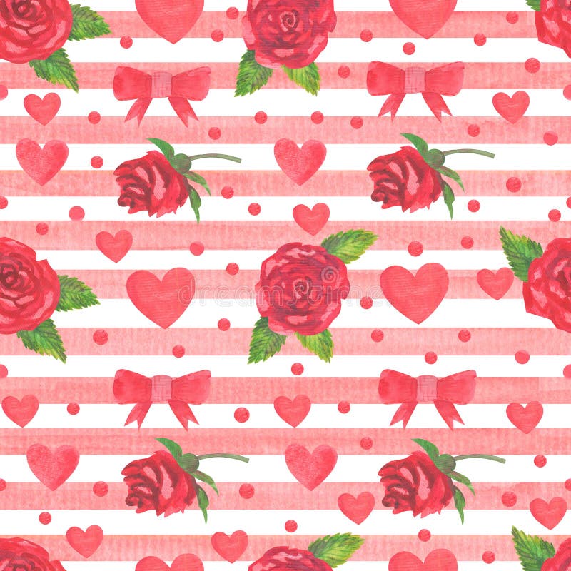 Red roses and hearts seamless pattern.