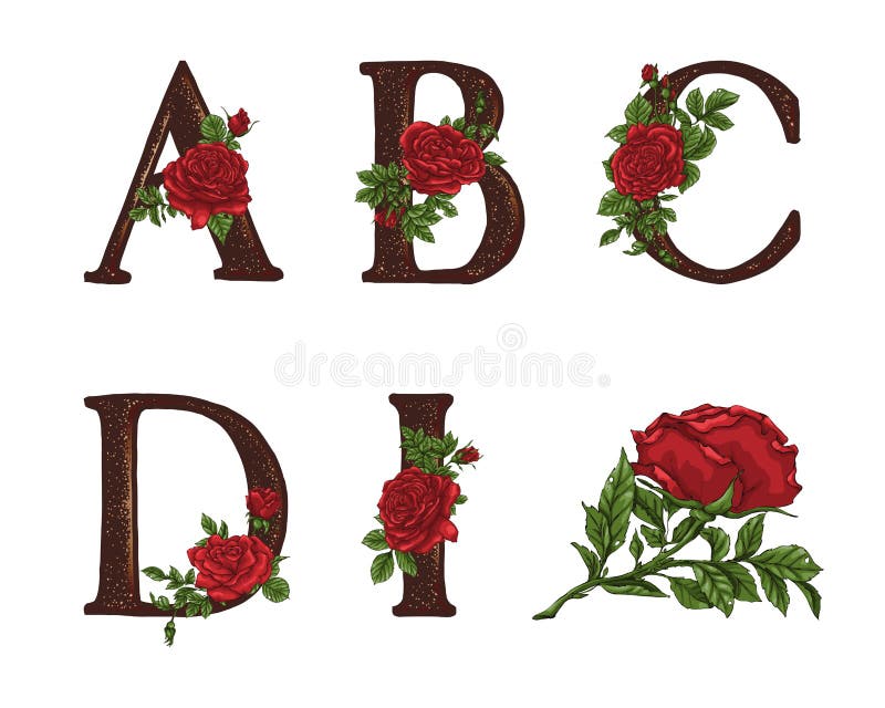 Red Roses Letters. Hand Draw. Vector Alphabet Stock Illustration