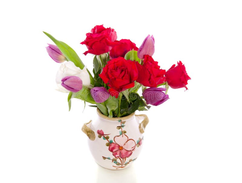 Red roses and purple tulips royalty free stock photo