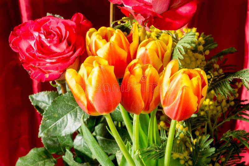 Red Roses and Tulips in a Bouquet Retro Stock Photo Image of