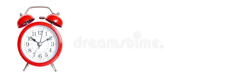 Red round analog alarm clock isolated on white background. time 10:10. banner. stock photography