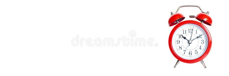 Red round analog alarm clock isolated on white background. time 10:10. banner. stock images