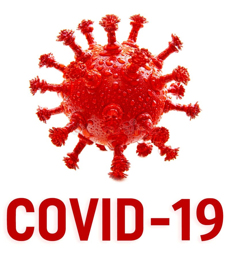 Red round virus cell dangerous Chinese pathogen respiratory flu coronavirus COVID-19 with drops of blood on white background. Crea