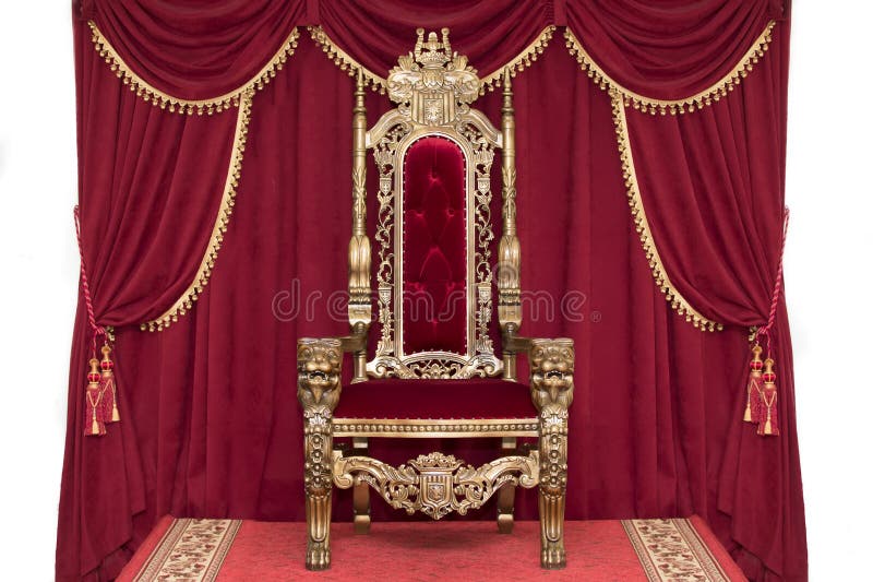 Red royal chair on a background of red curtains.