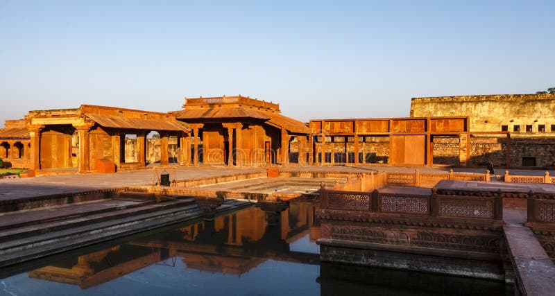 A red sandstone pavilion looking like a wooden structure in Fatehpur Sikri, Agra, Uttar Pradesh, India, Asia