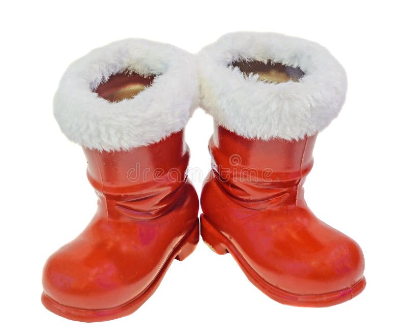 Red Santa Claus boots, shoes. Saint Nicholas boots gifts,white background.