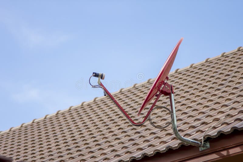 The Red Satellite Dish on the Roof Stock Image Image of white