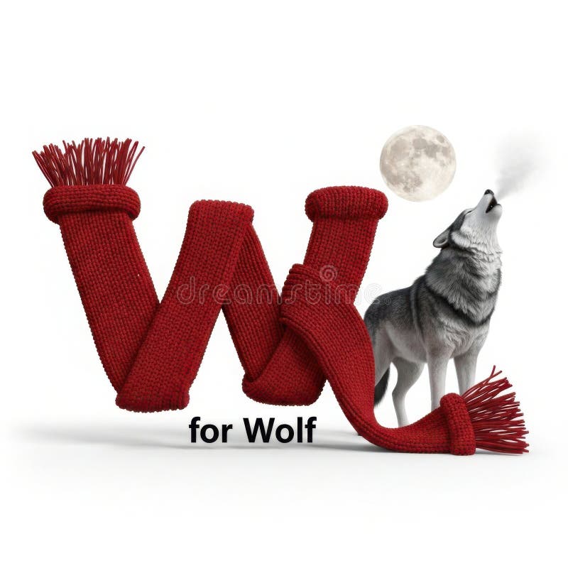 Red scarf forms letter w with wolf howling at moon royalty free illustration
