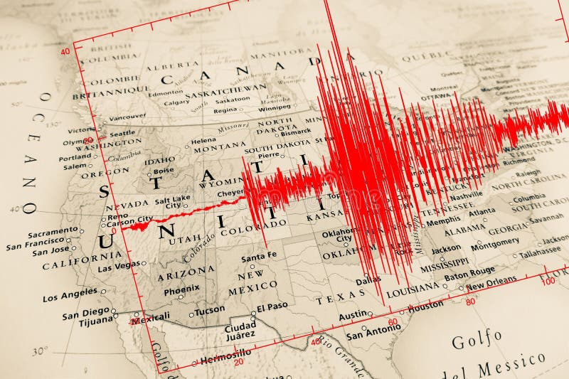 Red seismic wave over  United States map