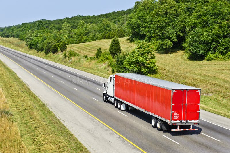 Red Semi Truck on Interstate Highway Stock Image Image of land
