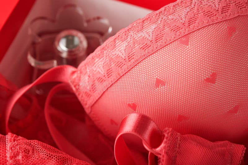 Red Sexy Bra And Panties On Pink Background. Women Sexy Underwear Set With  Roses And Perfume. Gift Idea For Womens Day Or Valentines Day With Copy  Space. Surprise For Men Or For