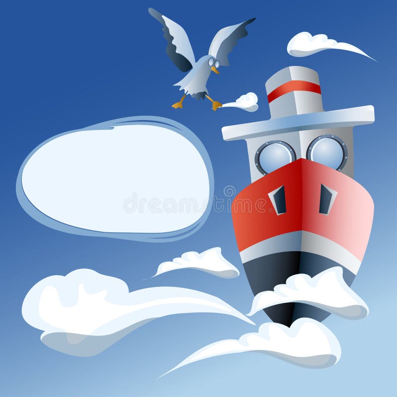 Red ship in the sea, clouds and seagull