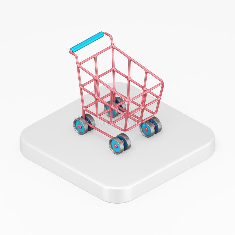 Red Shopping Cart Icon on Wheels. 3d Rendering Square Button Key