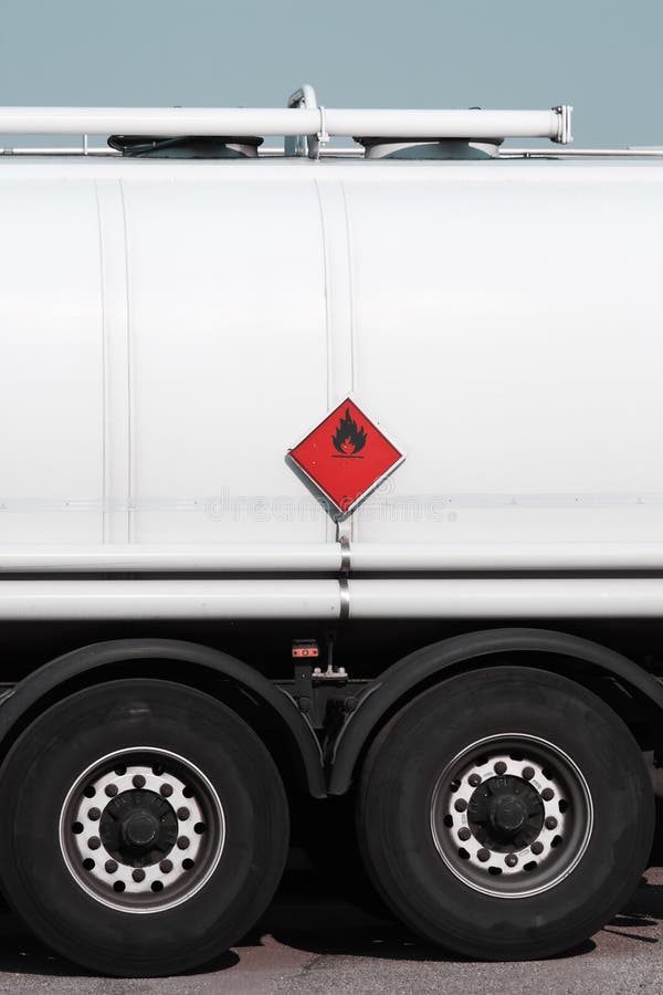 Red sign on fuel tanker truck